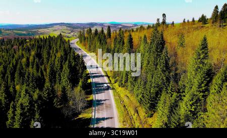 Vista aerea di un'autostrada panoramica attraverso una fitta foresta. Una vista aerea di una tortuosa autostrada che attraversa una fitta foresta di alberi sempreverdi. Foto Stock