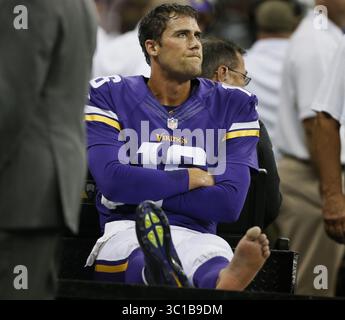 21 settembre 2014 - New Orleans, LA, USA - il quarterback dei Minnesota Vikings Matt Cassel (16) si ruppe il piede nel secondo quarto. I Minnesota Vikings giocarono i New Orleans Saints al Mercedes-Benz Superdome domenica 21 settembre 2014 a New Orleans, LOUISIANA. (Immagine di credito: Jerry Holt/Minneapolis Star Tribune/TNS via cavo ZUMA) Foto Stock