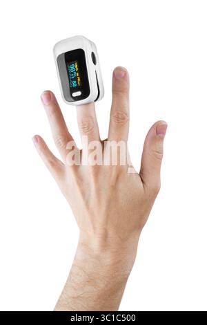 Ossimetro su un dito, isolato su bianco Foto Stock