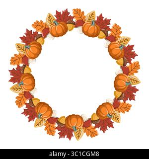 Cornice autunnale con foglie autunnali, funghi, ghiande e zucche. Illustrazione vettoriale isolata su sfondo bianco Illustrazione Vettoriale
