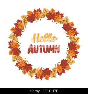 Cornice rotonda autunnale con foglie rosse, arancioni e gialle. Stile autunnale. Illustrazione isolata vettoriale Illustrazione Vettoriale