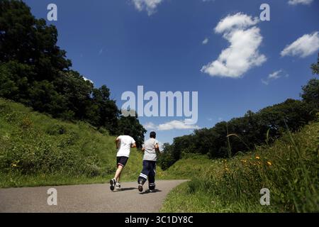 28 luglio 2010 - St. Louis Park, Minnesota, Stati Uniti - 28 luglio 2010 Ð South St. Paul, Minn Ð Mississippi River Regional Trail. La storia riguarda il futuro del sentiero -- la sua espansione e completamento nei prossimi due anni. Kaposia Park (1028 Wilde Ave) a South St Paul. Il sentiero scende in un'area conosciuta come Simon's Ravine. Mercoledì i corridori si sono fatti strada lungo un sentiero al Kaposia Park a South St. Paul. (Immagine di credito: Carlos Gonzalez/Minneapolis Star Tribune/TNS via cavo ZUMA) Foto Stock