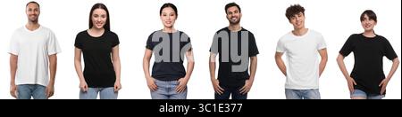 Persone con magliette diverse su sfondo bianco. Mockup per il design Foto Stock