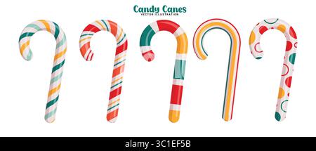 Set di clip colorate per disegni in canna da zucchero. Canne di caramelle con motivo a spirale, righe, curve e punti per la collezione di clip art natalizie Illustrazione Vettoriale