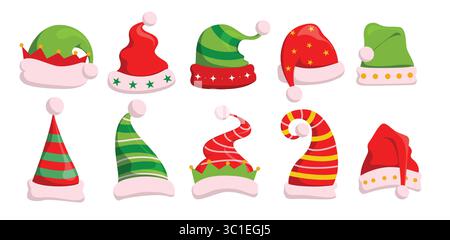 Cappello di babbo Natale colorato clipart set. Elementi del costume di Babbo Natale e cappello elfo clip art per feste natalizie collezione carina Illustrazione Vettoriale