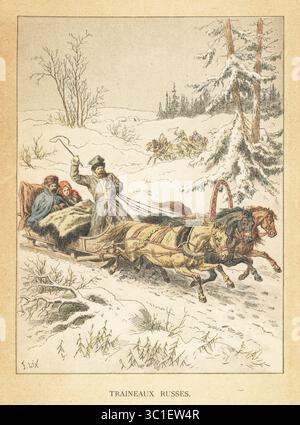 Viaggiatori su una slitta trainata da cavalli, Russia. Passeggeri in pelliccia e cappotti rivestiti in pelliccia seduti su una panchina con pelli di animali. Slitta trainata da tre cavalli trainati su un paesaggio innevato. Traineaux Russes. Cromolitografia di S. Krakow dopo un'illustrazione di Frederic Lix da Les Peuples de la terre di Charles Delon, Peoples of the Earth, Parigi, 1890. Foto Stock