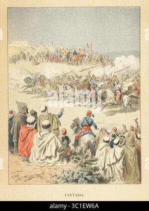 Fantasia festival o LAB el-baroda in Marocco, XIX secolo. Mostra di equitazione tradizionale conosciuta anche come giochi di polvere da sparo. Cavalieri arabi in abiti bianchi si caricano attraverso il deserto sparando moschetti moukhala. Un pubblico di uomini arabi guarda dalle tende sulle dune. Fantasia au Maroc. Cromolitografia di S. Krakow dopo un'illustrazione di Frederic Lix da Les Peuples de la terre di Charles Delon, Peoples of the Earth, Parigi, 1890. Foto Stock