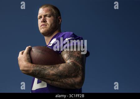2 aprile 2015 - Mankato, Minnesota, USA - tight end dei Minnesota Vikings Kyle Rudolph. - Agosto 2015, Mankato, MN, NFL, Minnesota Vikings Training Camp, Minnesota State University, Mankato (immagine di credito: Carlos Gonzalez/Minneapolis Star Tribune/TNS via ZUMA Wire) Foto Stock