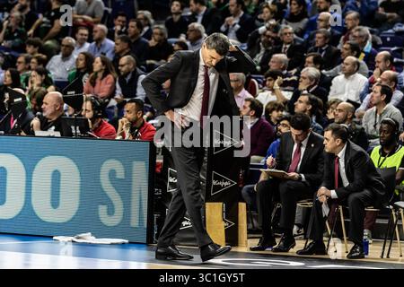 15 febbraio 2019 - Madrid, Madrid, Spagna - Velimir Perasovic, allenatore della KIROLBET Baskonia durante la partita ACB della Copa del Rey tra KIROLBET Baskonia e Divina Seguros Joventut alla WiZink Center Arena di Madrid, Spagna. 15 febbraio 2019. (Immagine di credito: © AFP7 via cavo ZUMA) Foto Stock