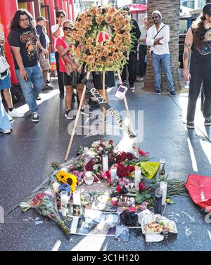 Los Angeles, Stati Uniti. 22 luglio 2025. Memorial Flowers collocato sulla Hollywood Walk of Fame Star di Ozzy Ozbourne di fronte al McDonald's su Hollywood Blvd a Hollywood, CALIFORNIA, martedì 22 luglio 2025. (Foto di Sthanlee B. Mirador/Sipa USA) credito: SIPA USA/Alamy Live News Foto Stock