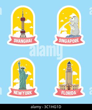 Colorate illustrazioni vettoriali di famosi monumenti storici con contorni audaci e sfondi vivaci, perfette per progetti a tema di viaggio Illustrazione Vettoriale