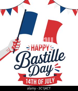 Buon giorno della Bastiglia che sventola a mano l'illustrazione della bandiera francese Illustrazione Vettoriale