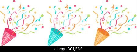 set festivo di colorati cappelli da festa con motivi a righe, petard, nastri vorticosi e stelle scintillanti, per creare un'atmosfera gioiosa e celebrativa. Illustrazione Vettoriale