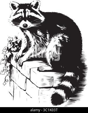 Raccoon on a Wall Black and White Illustration (Raccoon on a Wall Black and White Illustration) Illustrazione Vettoriale