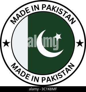 Prodotto in Pakistan Logo vettoriale timbro rotondo - Badge circolare con bandiera del Pakistan, mezzaluna e stella per prodotto Illustrazione Vettoriale