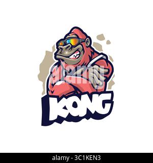 Design con logo Kong mascotte e moderno stile grafico per la stampa di badge, stemmi e t shirt. Illustrazione Smart gorilla. Illustrazione Vettoriale
