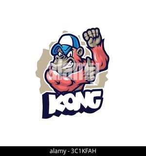 Design con logo Kong mascotte e moderno stile grafico per la stampa di badge, stemmi e t shirt. Illustrazione di gorilla arrabbiato. Illustrazione Vettoriale