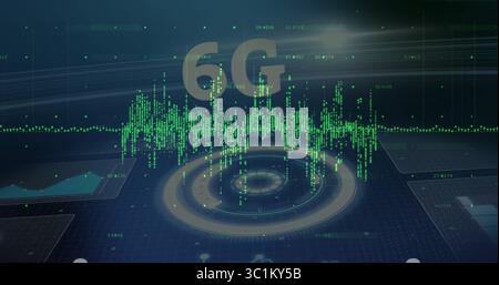 Visualizzazione dell'interfaccia olografica 6G che proietta l'hub dati nel cruscotto virtuale, con forma d'onda verde Foto Stock