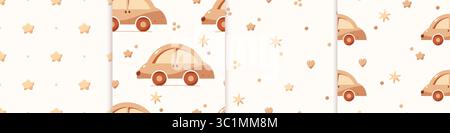 Set di quattro modelli bohémien senza cuciture con giocattoli per auto, cuori e cerchi. Illustrazione Vettoriale