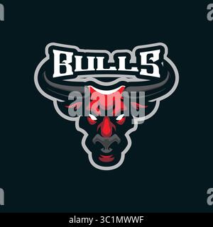 Design con logo della mascotte Bull con un moderno stile di illustrazione per la stampa di badge, emblemi e t shirt. Illustrazione a testa tonda per la squadra sportiva. Illustrazione Vettoriale