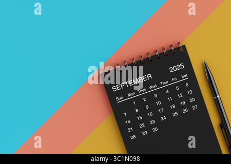 Black Flip Calendario aziendale mensile di settembre 2025 con penna nera su sfondo giallo, blu e arancione. Rendering 3d. Foto Stock