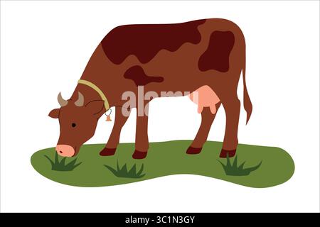 Illustrazione piatta di una mucca da latte bruna che pascolava sull'erba verde. Semplice stile cartoni animati con dettagli minimali, ideale per temi agricoli e libri per bambini Illustrazione Vettoriale