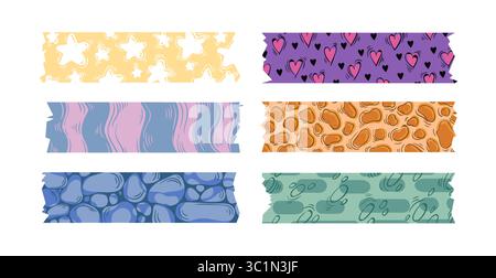 Nastri decorativi per album di ritagli con motivi divertenti: Stelle gialle, cuori viola, strisce ondulate, macchie di animali e forme astratte. Adesivo colorato in stile washi per la realizzazione, il giornalismo o il fai da te Illustrazione Vettoriale