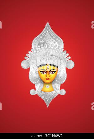 Durga Puja Banner Vector con Goddess Durga Face - vibrante opera d'arte modificabile che raffigura il volto divino della dea Durga, ideale per striscioni di festival. Illustrazione Vettoriale