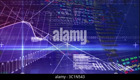 Visualizzazione di un grafico a linee bianche con punti dati brillanti nello spazio di analisi 3D, con i ticker delle azioni Foto Stock