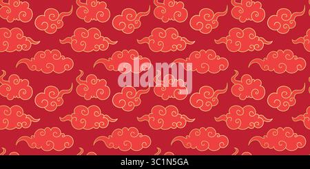 Motivo senza cuciture Red Oriental Chinese Clouds. Elegante motivo di lusso per il Capodanno cinese tradizionale. Design vintage giapponese disegnato a mano con Illustrazione Vettoriale
