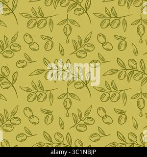 Motivo vettoriale senza cuciture con olive e foglie trafilate a mano che catturano l'essenza dello stile mediterraneo. Perfetto per tessuti, imballaggi e hom Illustrazione Vettoriale