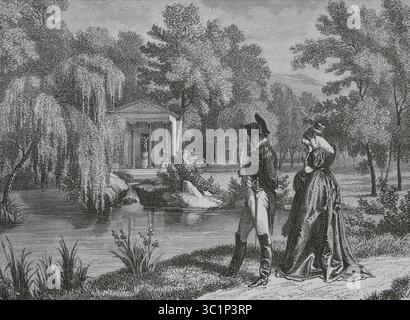 Napoleone e la regina Hortense de Beauharnais (1783-1837) in visita a Malmaison. Disegno di Philippoteaux. Incisione di Sargent. Histoire du Consulat et de l'Empire (storia del Consolato e dell'Impero di Francia sotto Napoleone), di A. Thiers. Volume IV. Pubblicato a Barcellona, 1879. Foto Stock