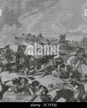 Battaglia di Waterloo. Il combattimento ebbe luogo il 18 giugno 1815 nell'attuale Belgio. Napoleone fu sconfitto da due degli eserciti della settima coalizione. Il maresciallo Ney, a capo dei corazzieri della divisione Delort, si è accusato contro la divisione britannica del generale Alten. Disegno di Philippoteaux. Incisione di Deschamps. Dettagli. Histoire du Consulat et de l'Empire (storia del Consolato e dell'Impero di Francia sotto Napoleone), di A. Thiers. Volume IV. Pubblicato a Barcellona, 1879. Foto Stock