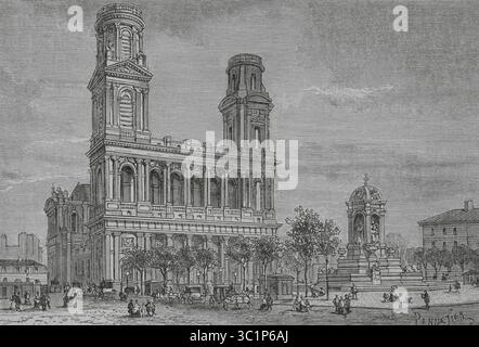 Parigi, Francia. Chiesa di Saint-Sulpice. Incisione di Pannetier. Histoire de Paris et de ses Monuments (storia di Parigi e dei suoi monumenti), 1895. Foto Stock