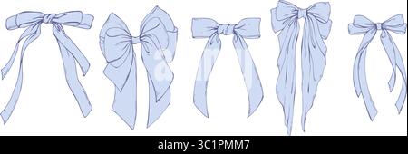 Set di grandi fiocchi blu in coquette con lunghe code in raso tessile e nastri di seta. Illustrazione grafica grafica a linee disegnata a mano. Per donne, uomini, ragazzi Illustrazione Vettoriale