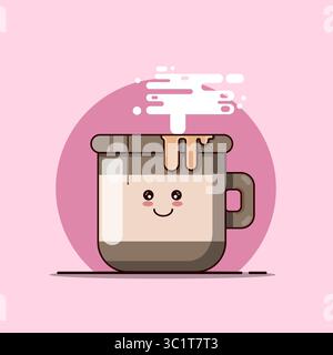 Simpatica tazza da caffè con vapore e volto sorridente Kawaii Vector Illustration Cartoon Design Illustrazione Vettoriale