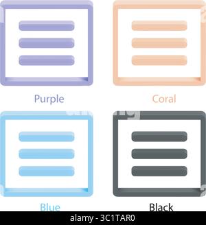 Set di icone minimaliste della linea vettoriale 3d con il simbolo del menu hamburger. Varianti di colore: Viola, corallo, blu e nero. Le icone sono perfette per l'interfaccia utente e le applicazioni. Illustrazione Vettoriale