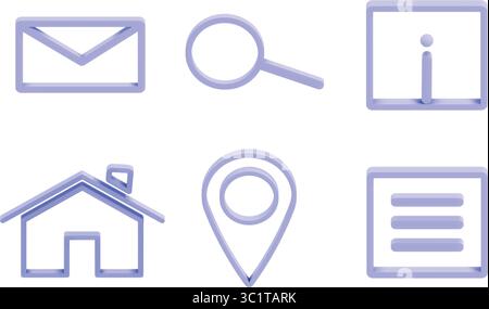 Moderno set di icone di linea 3D con sei simboli essenziali di interfaccia Web in viola. Isolato. Illustrazione Vettoriale