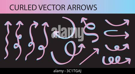 Set vettoriale vivace, flourescendente ed esclusivo di frecce ricciolate di rosa neon e blu sfumate in effetto 3D, transizione di colore dal rosa al blu moderno. Illustrazione Vettoriale