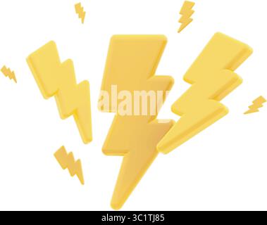 L'accumulo di fulmini in stile plasticina con rendering 3D vettoriale colpisce in giallo. set di 8 flash in diverse misure. Moderna plasticina lucida Illustrazione Vettoriale