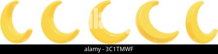 Set di 5 icone lucide a mezzaluna in stile 3D, con rendering in toni gialli tenui. Ogni luna è mostrata da un'angolazione diversa. Isolato. Illustrazione Vettoriale