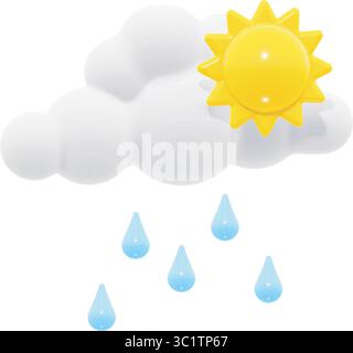 Una giocosa icona vettoriale 3D che mostra soffici nuvole bianche, un sole giallo brillante e morbide gocce di pioggia blu in uno stile cartoni animati lucido. Illustrazione Vettoriale