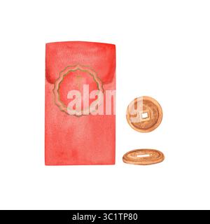 Busta e monete cinesi di colore rosso acquerello. Regalo di Capodanno cinese per la prosperità. Clipart di celebrazione tradizionale cinese. Illustrazione disegnata a mano per Foto Stock