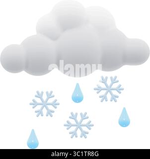 Soffice nuvola bianca mescolata a gocce di pioggia e fiocchi di neve, effetto plasticina lucido. Vettore di stile di rendering 3D, isolato. Illustrazione Vettoriale