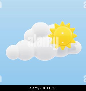 Icona del meteo 3D vettoriale che mostra il sole davanti alla nuvola. Realizzato in uno stile cartoni animati morbido e lucido con un giallo brillante. Isolato su sfondo bianco Illustrazione Vettoriale