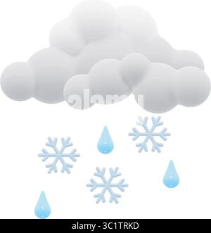 Graziose nuvole vettoriali 3D con gocce di pioggia realistiche e fiocchi di neve che cadono isolati. L'icona THI rappresenta condizioni meteorologiche miste, perfette per l'app meteo Illustrazione Vettoriale
