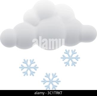 Icona meteo vettoriale 3D che mostra nuvole bianche soffici con fiocchi di neve cadenti. Una rappresentazione morbida e pulita del clima nevoso per app e presentazioni. Illustrazione Vettoriale