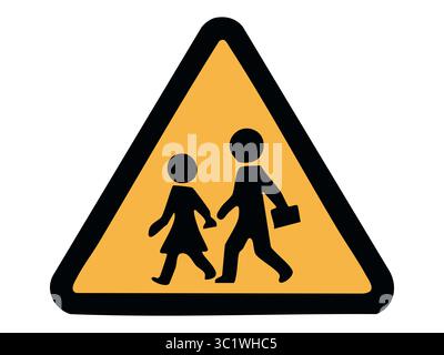 Segnale stradale di avvertenza con simbolo di attraversamento bambini in triangolo giallo isolato su sfondo bianco, illustrazione grafica. Concetto di zona scolastica, attraversamento pedonale, allarme di sicurezza per bambini. Illustrazione Vettoriale