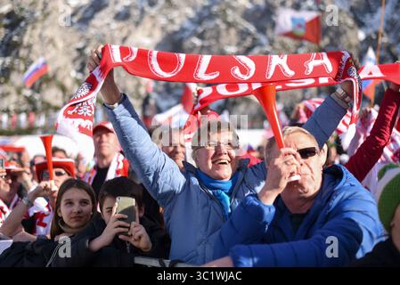 22 marzo 2019 - Planica, Slovenia - gli spettatori si divertono durante la competizione individuale Flying Hill della Coppa del mondo di salto con gli sci FIS a Planica. (Immagine di credito: © immagini Milos Vujinovic/SOPA tramite cavo ZUMA) Foto Stock