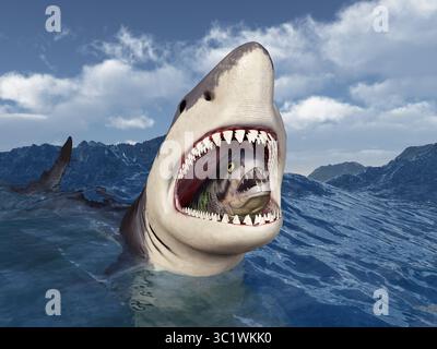 Grande squalo bianco con preda in bocca nel mare tempestoso Foto Stock
